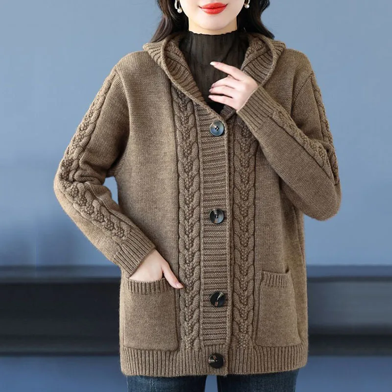 Autumn Winter New Jacquard Twists Hooded Cardigan Sweater Women's Mid Long Hooded Single Breasted Casual Knitted Coat Ladies Top