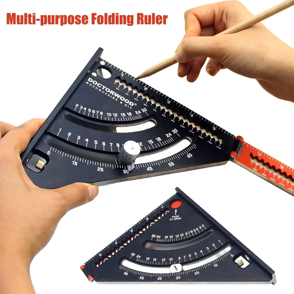 Folding Triangle Angle Ruler Protractor Aluminum Alloy 2-in-1 Triangle Squares Ruler Angle Marking Gauge Scriber Measuring Tools