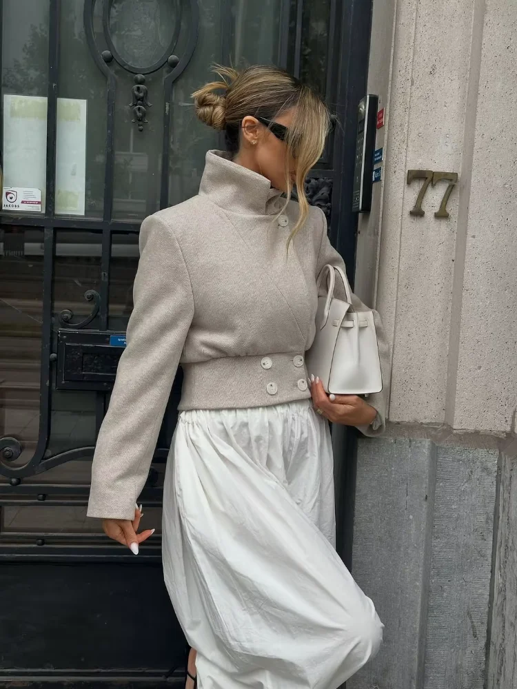 

Элегантное однотонное короткое шерстяное пальто с лацканами, женское повседневное двубортное тонкое пальто с воротником-стойкой и длинными рукавами, женская одежда для поездок на работу