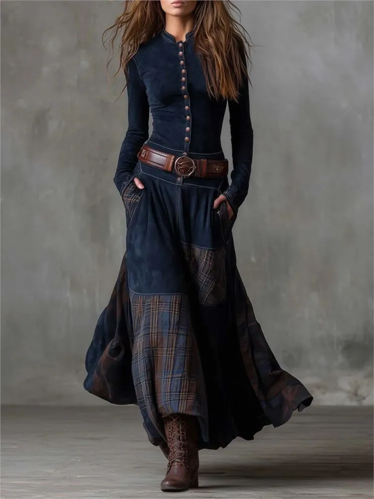 

New Stand Collar Plaid Patchwork Maxi Dresses Women Autumn Winter Long Sleeve Elegant Party Dress Vintage Buttons Ladies Dress