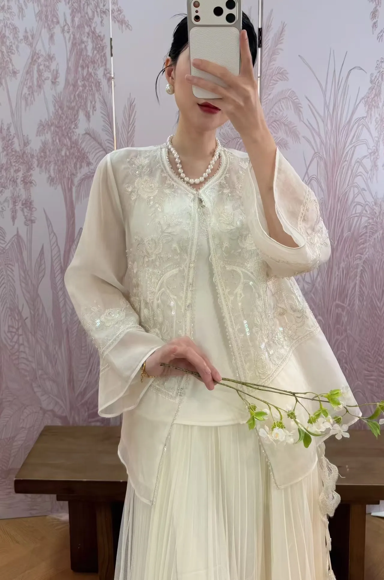 Summer New Product Positioning Embroidered Window + Roman Column Romantic Design Wrist Sleeve Silk Organza Fabric Women's Jacket