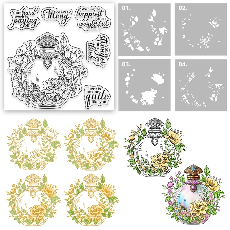 

Mangocraft Vintage Bottle With Floral Metal Cutting Dies Clear Stamps Stencils HOT Foil Plate DIY Scrapbooking For Cards Album