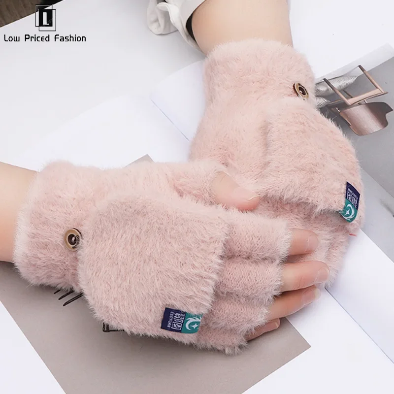 Winter Rabbit Fur Mittens Women Warm Gloves Feamle Girls Flip Plush Glove Fingerless Thicken Warm Mitten Work Gloves Half Finger