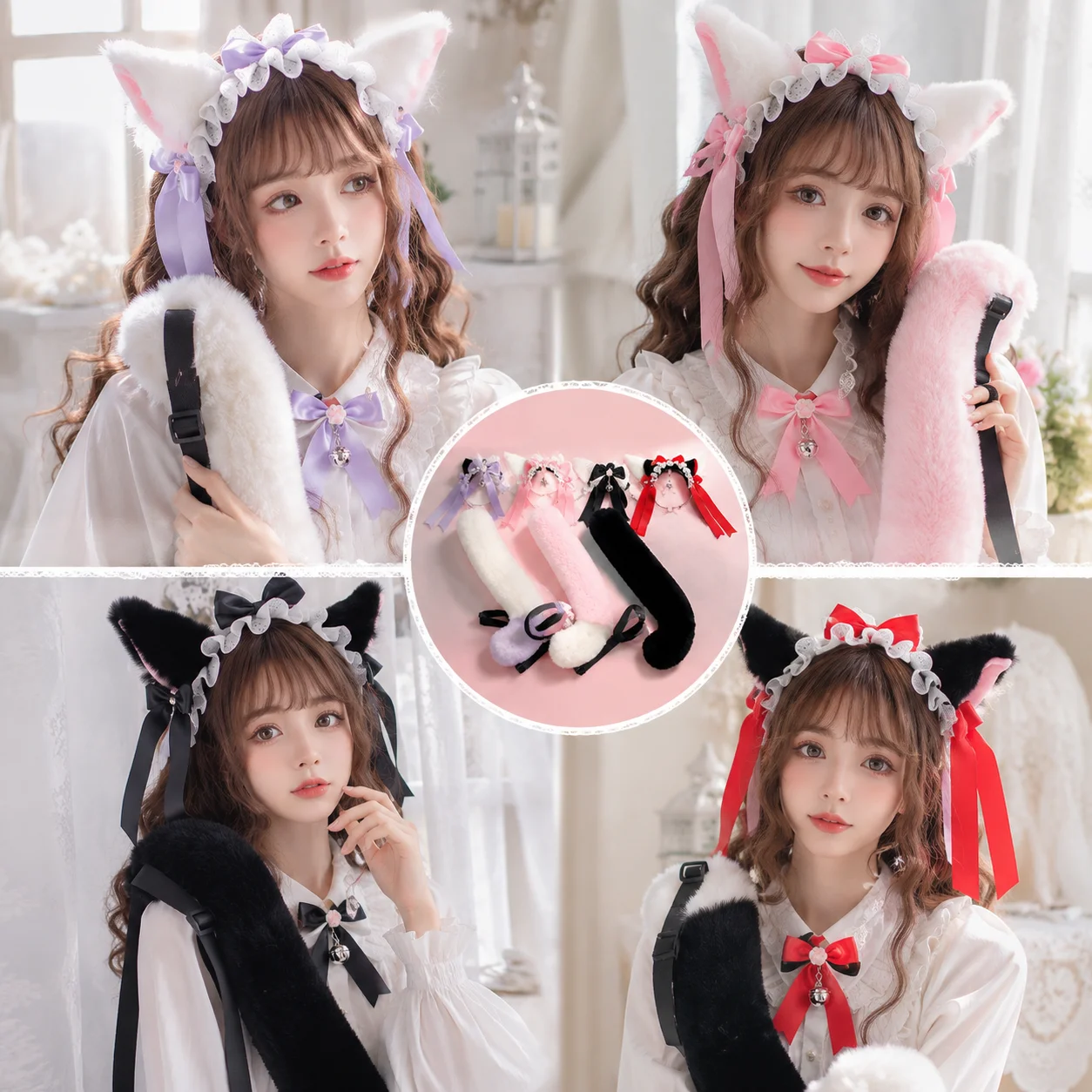 Kawaii Maid Cat Ear Headband Long Plush Cat Tail Bell Choker 3Pcs Set Lolita Cosplay Costume Accessories Furry Kitten Ears Tail