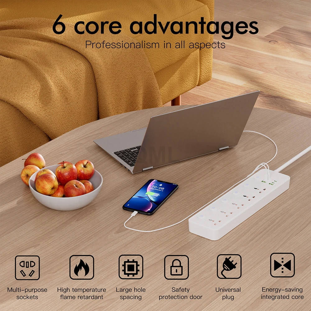 EU UK Plug 2M Extension Wire 5 Output Universal Power Socket Board 3250W 250V Power Strip with USB Port Network Filter Adapter