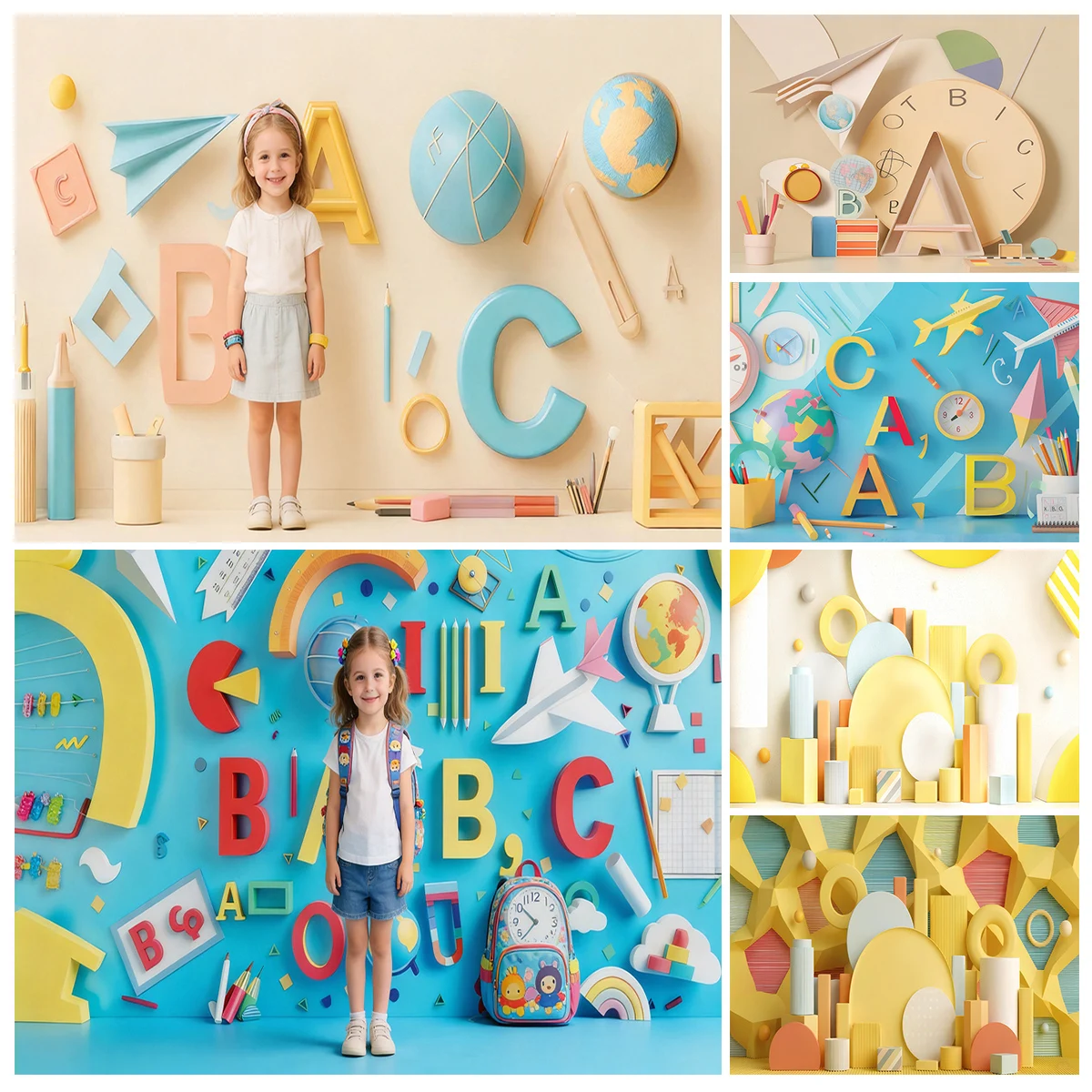Background For Kids Education - ソフトパステル3Dアルファベット教育用背景幕 子供用写真撮影 幾何学模様背景 新生児の誕生日パーティー写真用