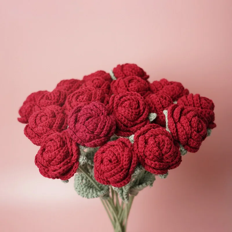 New Knitting Crochet Red Rose Flower Bouquet Handmade Knitted Artificial Fake Flower Wedding Party Home Decoration