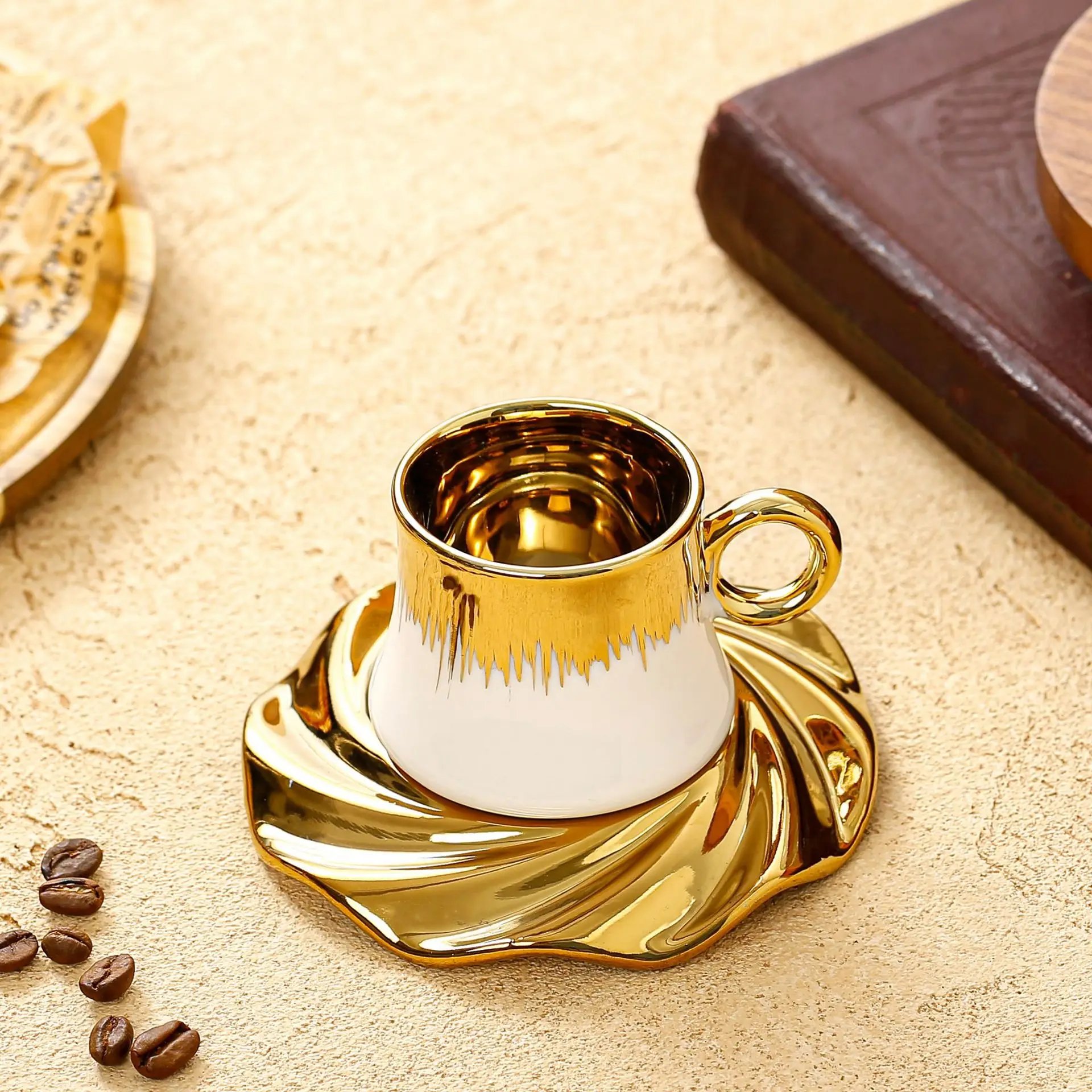 Arabic Porcelain Espresso 90ml Gild Cup and Saucer 6pcs Turkish Cappuccino Latte Tea Ceramic Coffee Cup Set with Gift Box view 3
