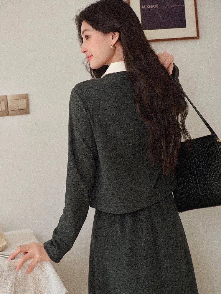 ALXNAN gris vêtements d'extérieur court col rabattu poches épaule régulière Premium veste de luxe métal boutonné manteaux de bureau L578127