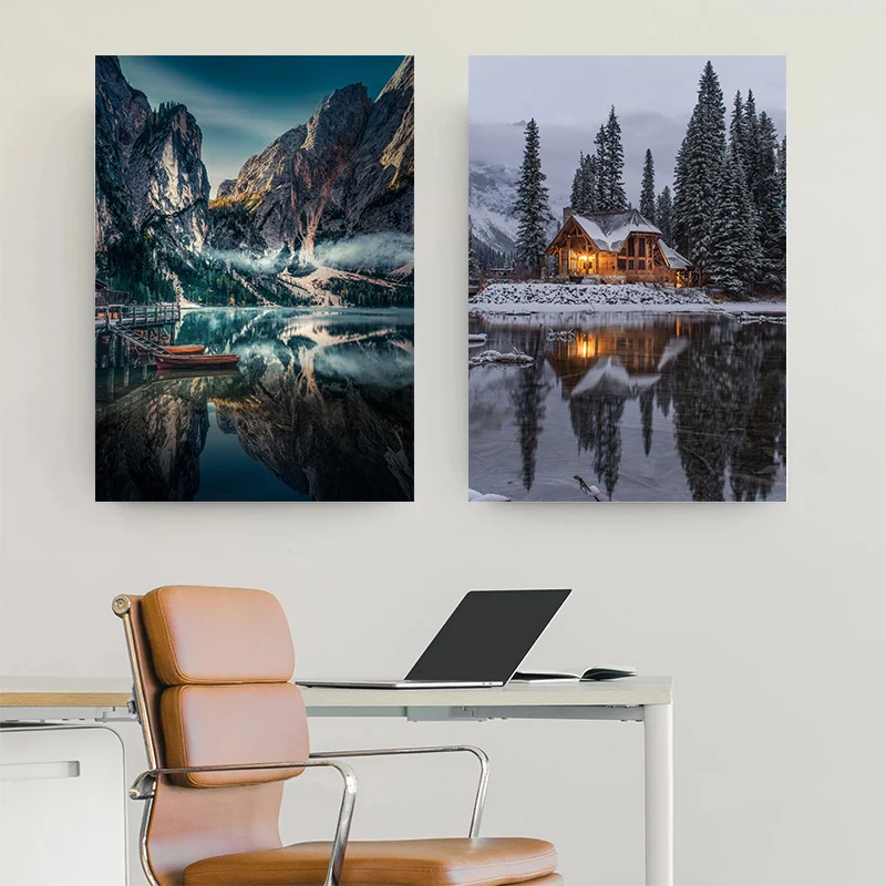 Forest  Landscape Waterfall River Boat Lakeside Winter Cabin Art Posters Canvas Painting Wall Prints Picture for Room Home Decor