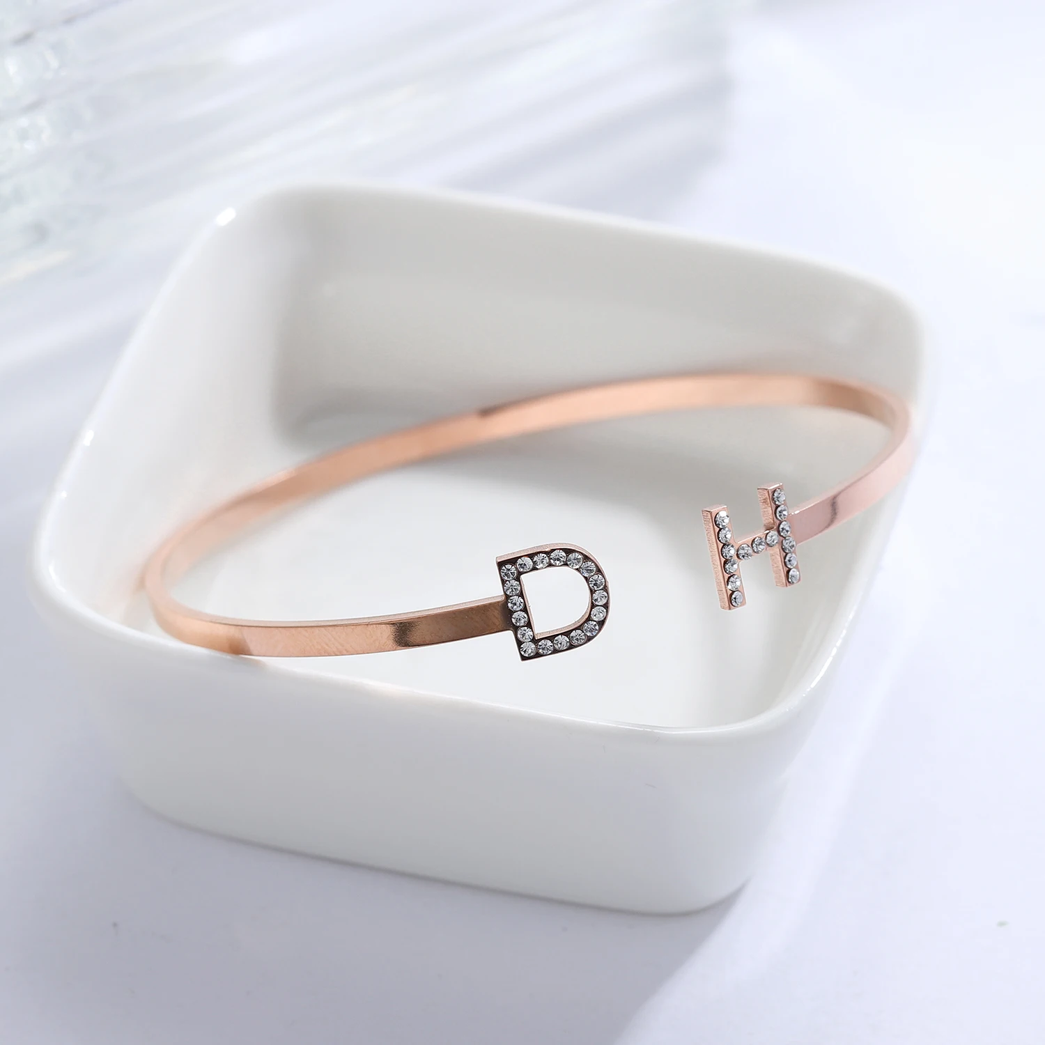 Custom Iced Initials Bracelet Personalized Name Open Bracelet Stainless Steel Name Bangle Unique Women's Jewelry Gift for Her