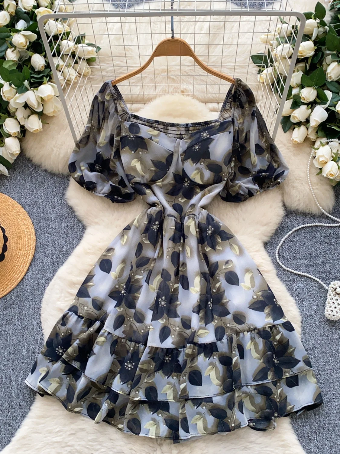 Romantische Blumen Druck Puff Sve ort Dr frauen Sommer Abnehmen Hohe Taille A-linie Rock Koreanische Sle Pendeln Dr