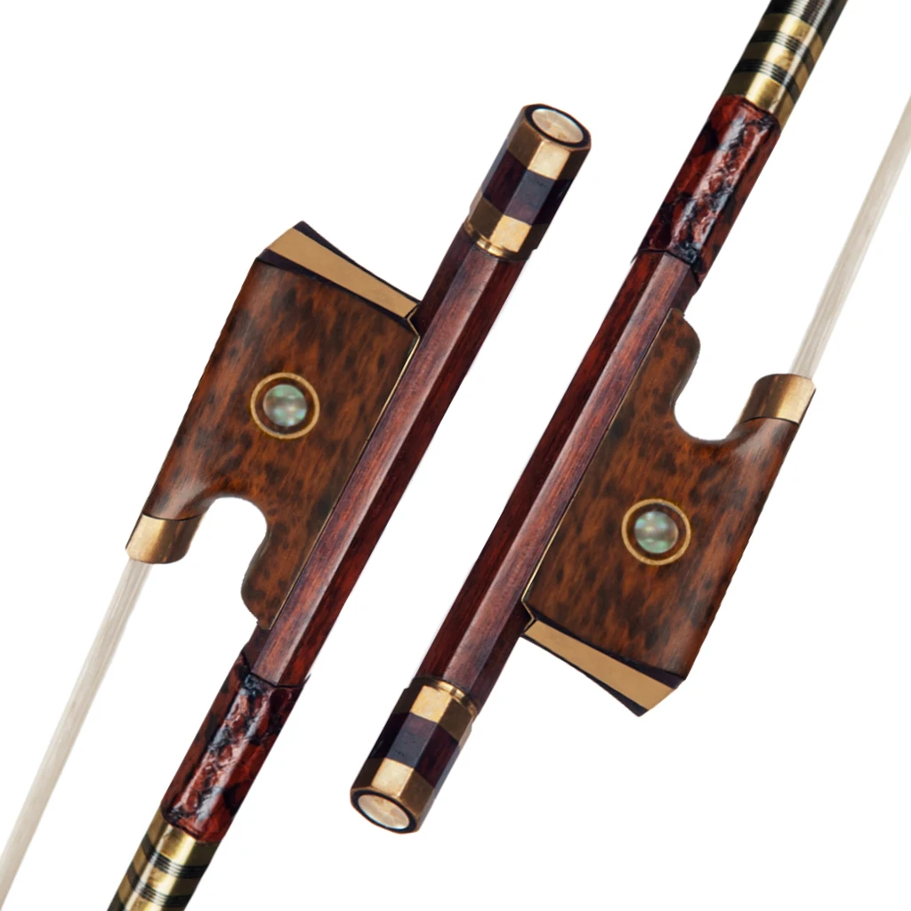 

LOOK 4/4 Pernambuco Violin Bow Round Stick Bow W/ Snakewood Frog Paris Eye Inlay White Mogolia Horsehair Snake Skin Grip