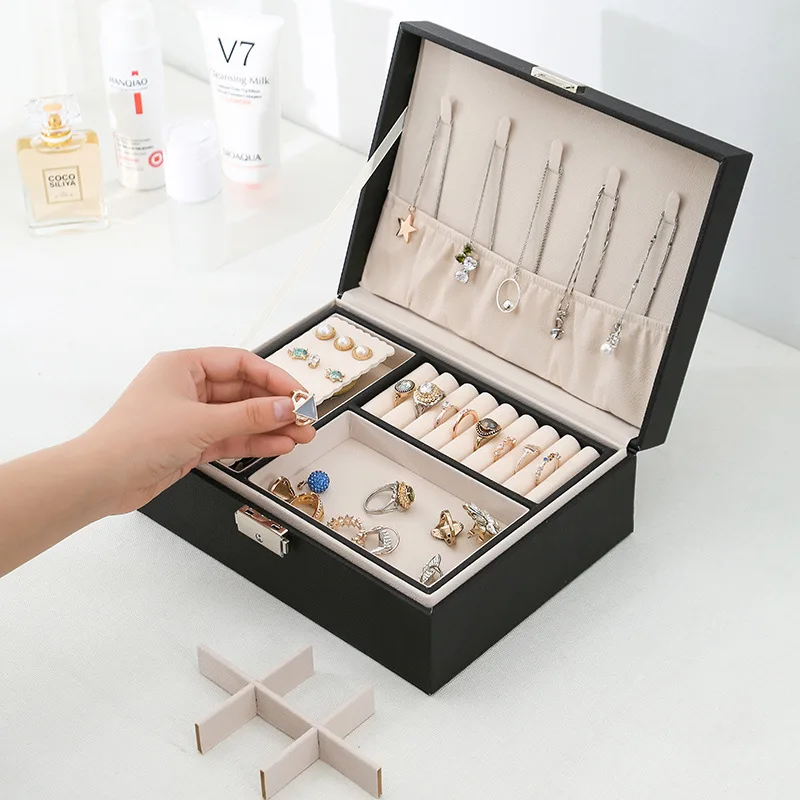 PU Leather Jewelry Storage Organizer and Makeup Case Double-layer Wooden Jewlery Box Ring Box Jewelry Boxes and Packaging with