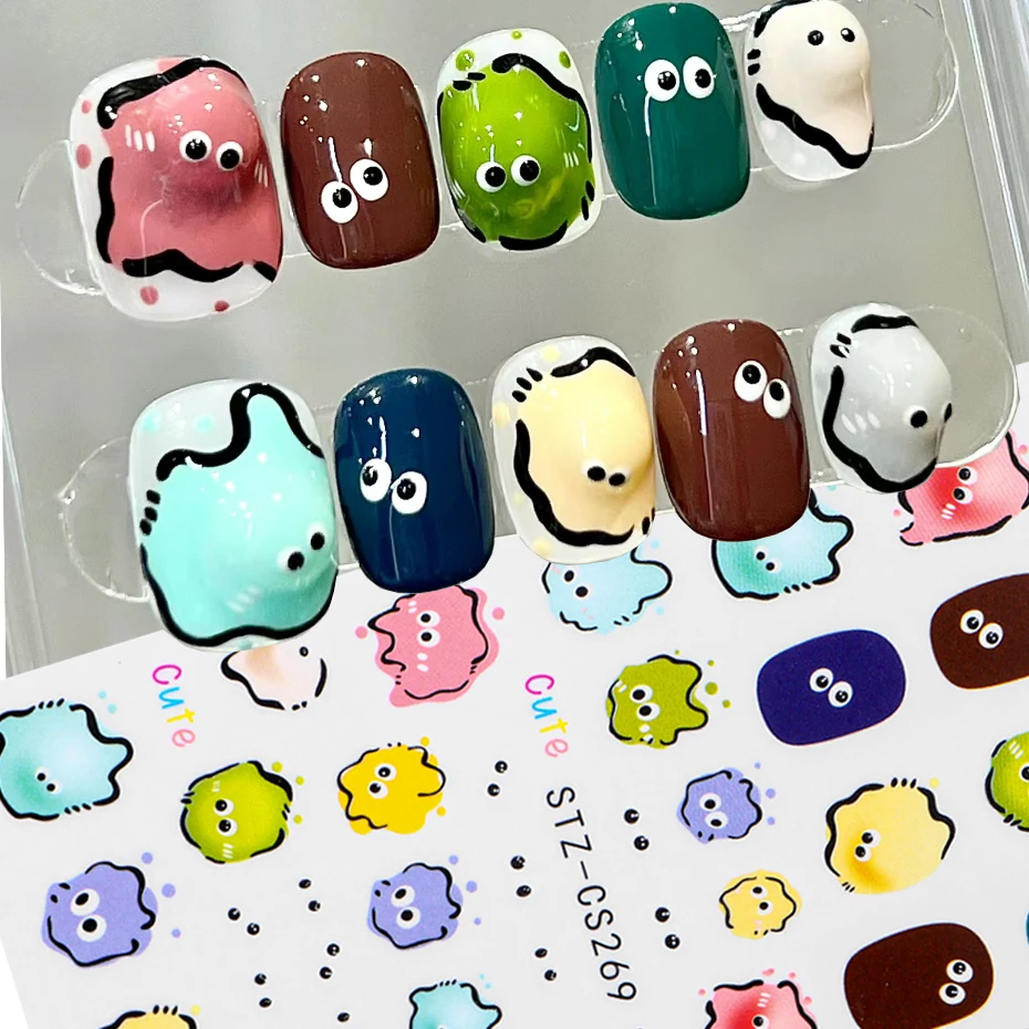 Realistic Jelly Bean Nail Art Sticker Little Monster Eyes Colorful Cartoon Face Adhesive Decal Cute Sliders Manicure Decoration