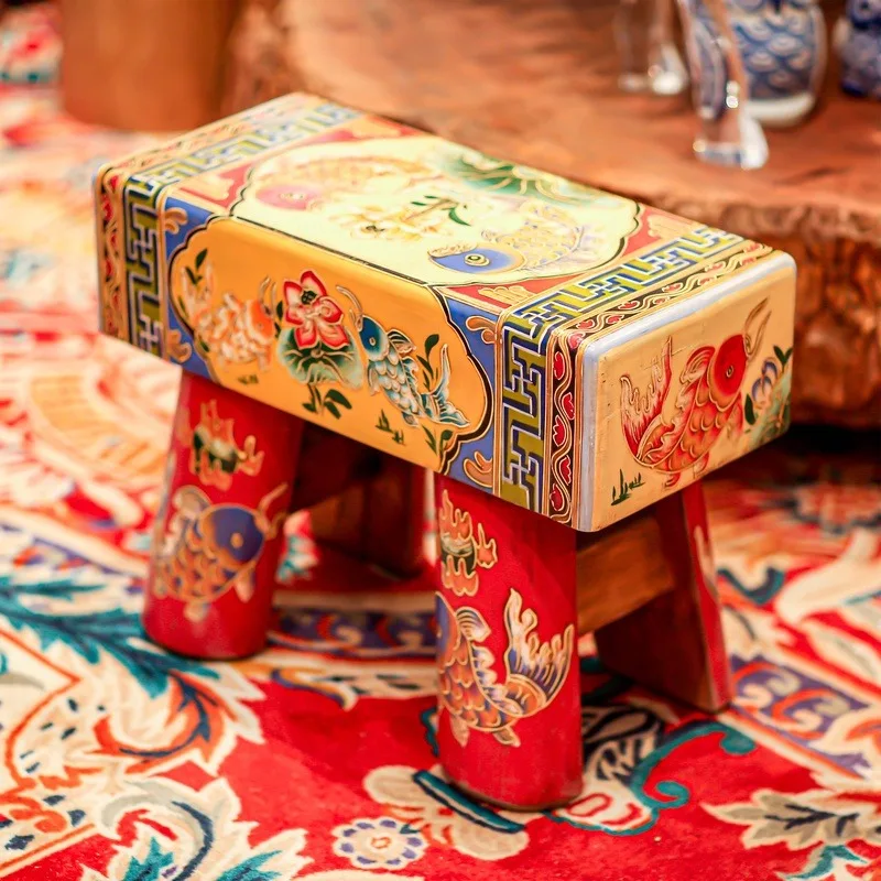 

New Chinese classical, hand-painted painting, solid wood shoe changing stool, bedside stool