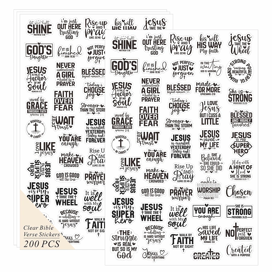 200 Pcs Black & White Faith Quote Stickers – Inspirational Scripture Labels, Self-Adhesive Matte Stickers for Scrapbooking