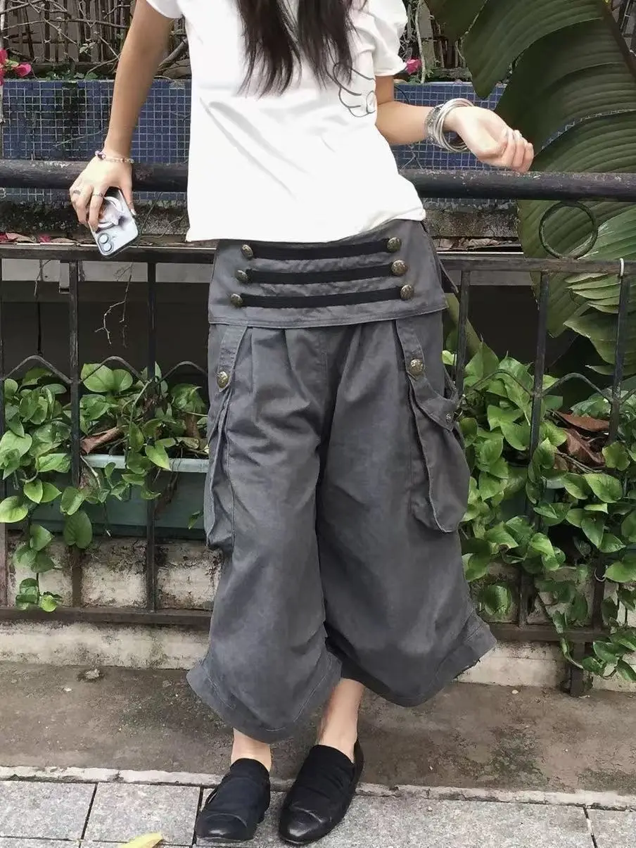 American Street Hip-hop Button Decor Baggy Mid Pants Summer Punk Pleated Elastic Low Waist Cargo Bermuda Shorts Women Clothing