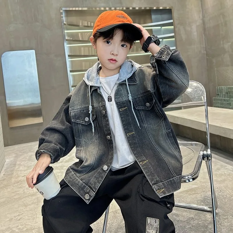 

Стильный комплект джинсовой куртки для мальчиков для детей, весенне-осенняя повседневная одежда, модная, с застежкой-молнией и комбинированным из двух предметов
