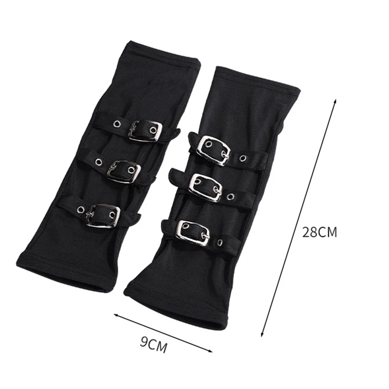 Unisex Steampunk Buckled Up Bondage Arm Warmers With Metal Buckle Straps Women\'s Black Gothic Style Fingerless Gloves