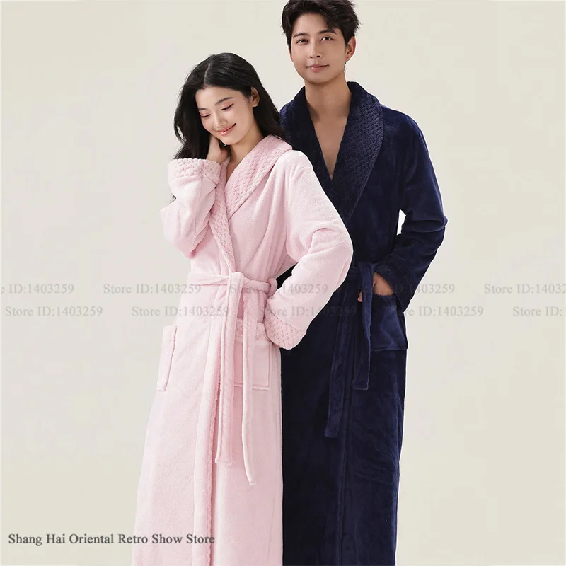 Autumn Winter Flannel Long Robe Couple Sleepwear Thicken Warm Night Clothes Home Dressing Gown Coral Fleece Loungewear Pajama