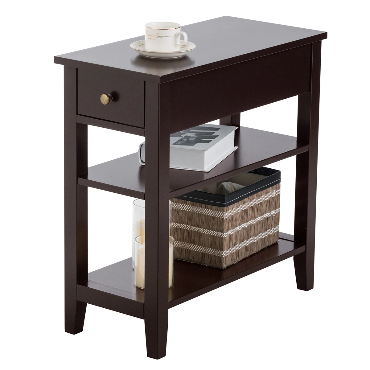 

3 Tier Nightstand Bedside Table Sofa Side End Table Double Shelves Drawer Brown