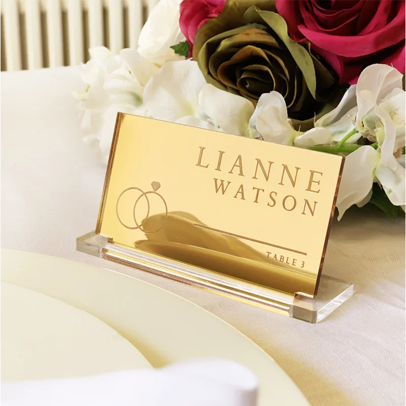 Custom Table Name Wedding Place Card Name Tag Laser Cut Acrylic Mirror Gold Place Cards Wedding Name Place Cards