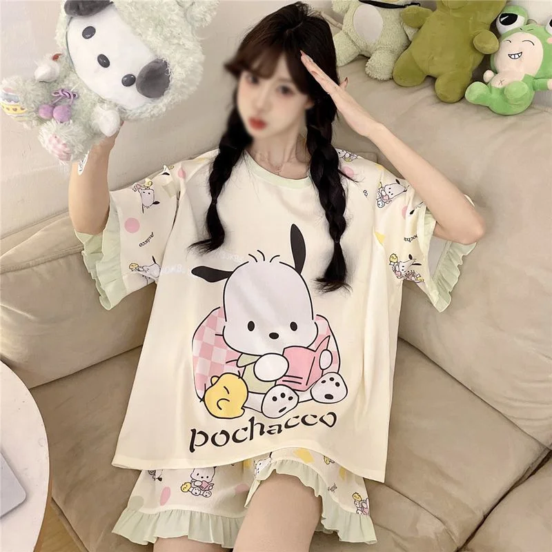 

Sanrio Pochacco Pajamas Two Pieces Set Woman Night Wear Shorts Short Sleeve Sleepwear Kawaii Cartoon Pyjamas Summer Home Wear