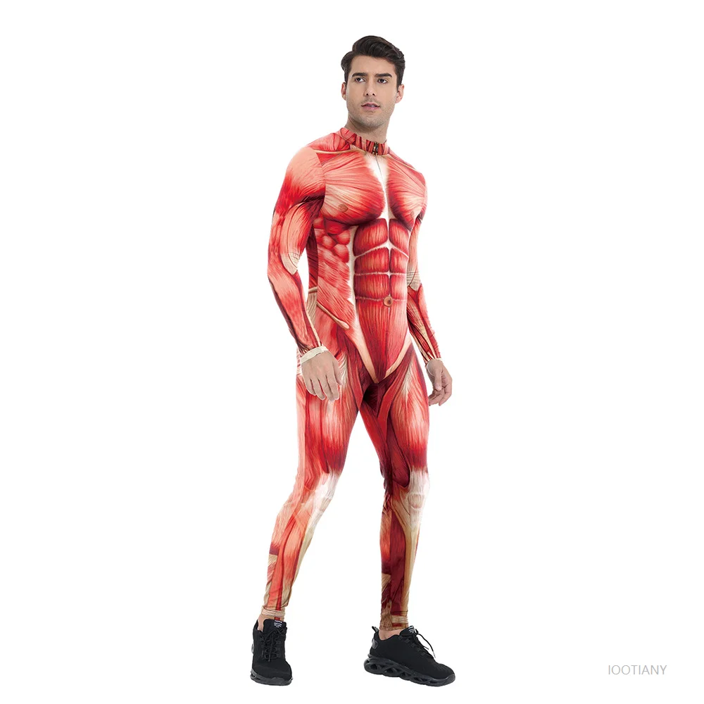 2025 Men's Red Muscle Tight Bodysuit Adult Halloween Body Macho Printed Jumpsuit Carnival Party Stage Makeup Performance Tights