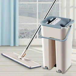 Microfiber Squeeze Mops Hands-Free Flat Floor Mop and Bucket Cleaning Lazy Tool Kit for Home Hardwood Wood Vinyl Floor