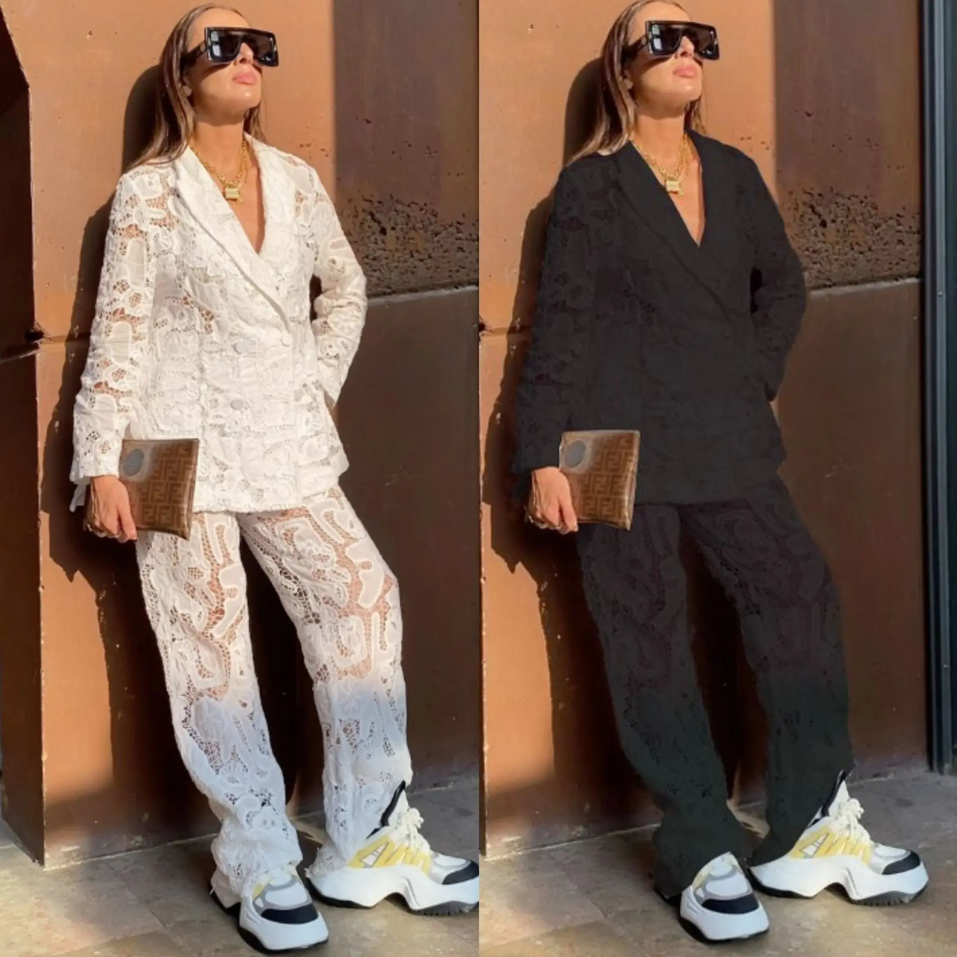 

Elegant Lapel Long Sleeve Tops Wide Leg Pants Sets Women Sexy Hollow 2 Piece Set Women Summer Fashion Lace Suit Female Outfits