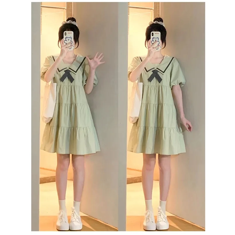 

Summer new college style short sleeved dress for female students Korean version loose and slimming versatile A-line cake skirt