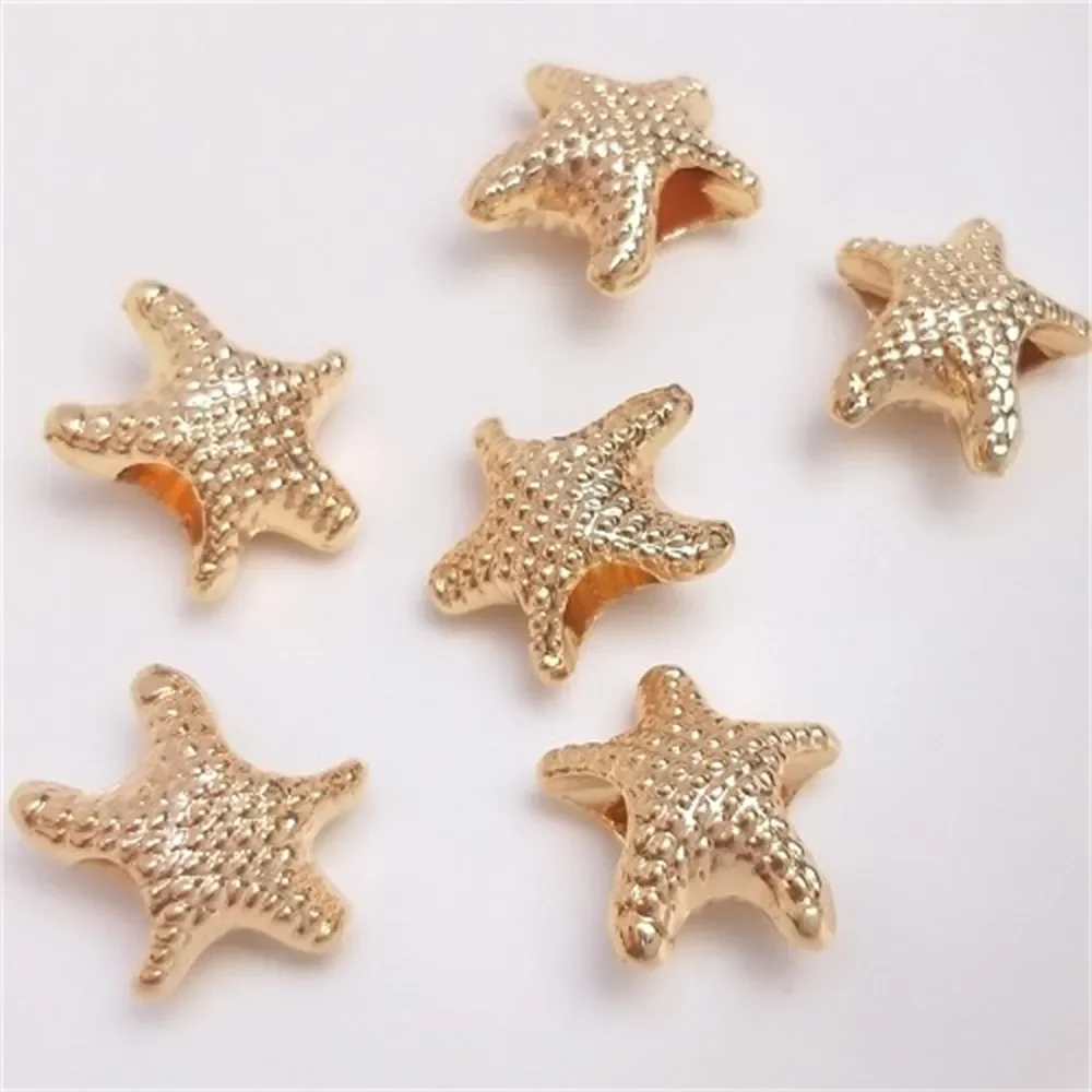 Cuentas con agujero grande de estrella de mar de cinco puntas envueltas en oro de 14K, decoración de cadena hecha a mano, estrellas grandes regordetas, accesorios de pulsera DIY