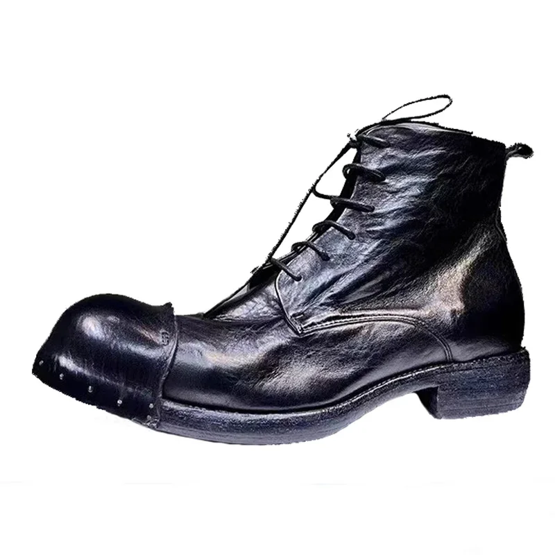 Męskie buty ze skóry końskiej Vintage Wash Water Old Leather Boots Handmade Goodyear - Męskie krótkie buty sznurowane Okrągła głowa Mężczyźni — zdjęcie 6