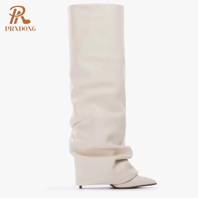 PRXDONG New Sexy High Heels Pointed Toe Autumn Winter Warm Knee High Boots Black Beige Dress Party Female Long Boots Size 34-43