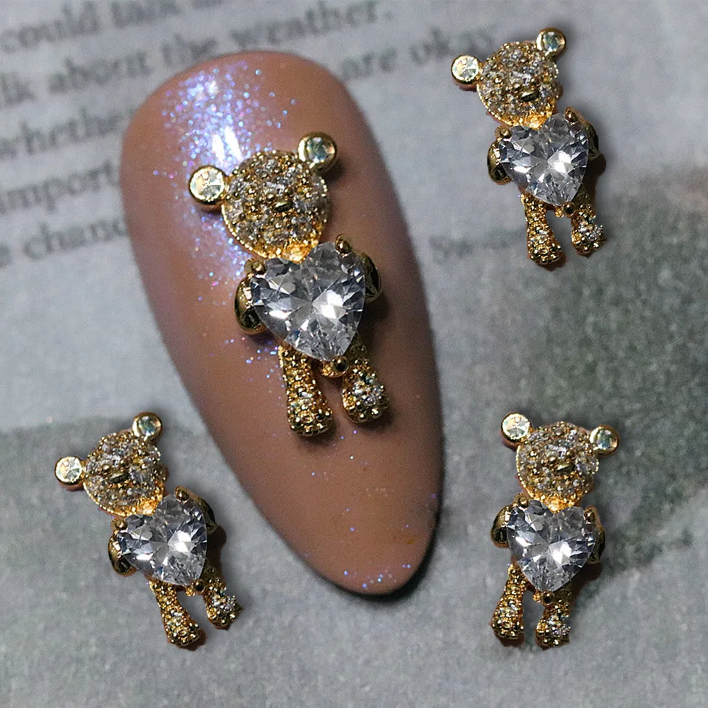 3D Luxury zircone Alloy Bear 3D Nail Charms con Clear Love-Heart Crystal Metal Bear Nail Art 7 x1 0mm/15mm fai da te Kawaii Cute Bear & *