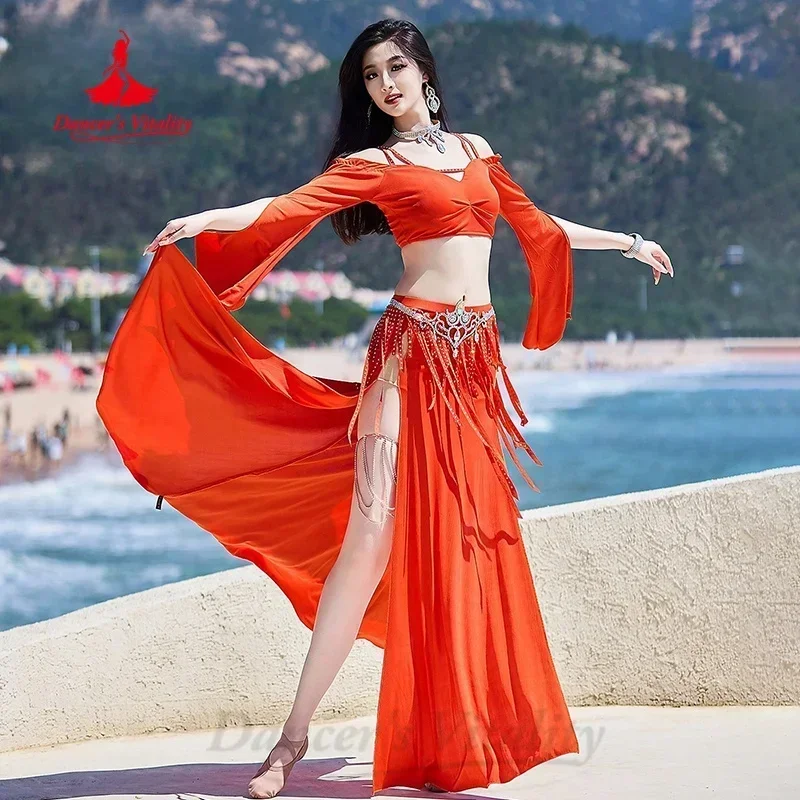 Belly Dance Costume Set for Women Sexy V-neck Top+Tassel Long Skirt 2pcs Oriental Belly Dancing Professional Practice Outfit