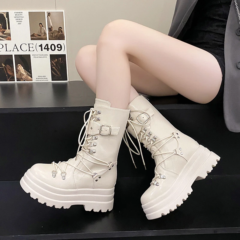 2022 Women Autumn Mid Calf Boots Lace Up Chunky Leather Motorcycle Boots Woman High Platform Winter Short Punk Boots Shoes 6.5CM