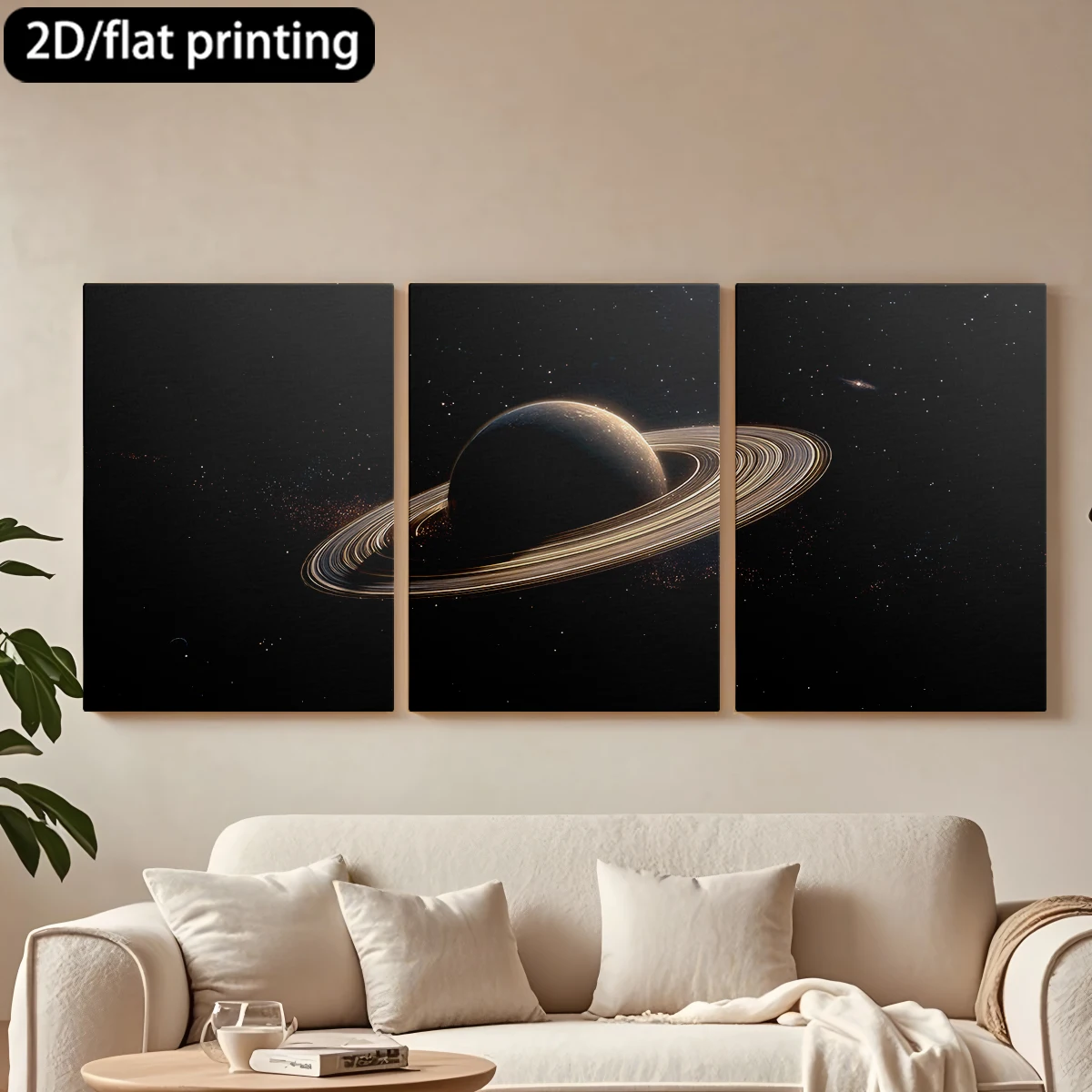

2D плоская печать, 3-х частная декоративная картина на холсте в деревянной раме: Сатурн, планета с кольцами в космосе. Декор для коридора и спальни.