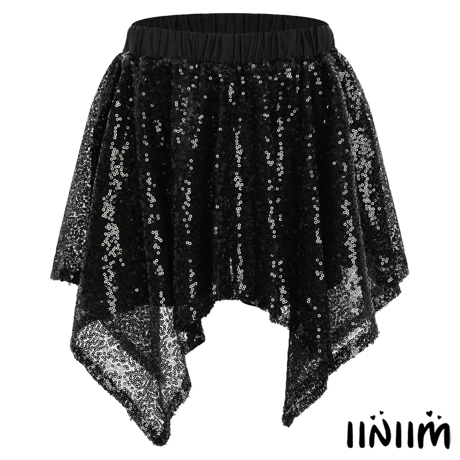 

Girls Elastic Waistband Sparkling Sequins Irregular Hem Hip Hop Jazz Dance Skirt with Built-in Shorts for Cheerleading Dance