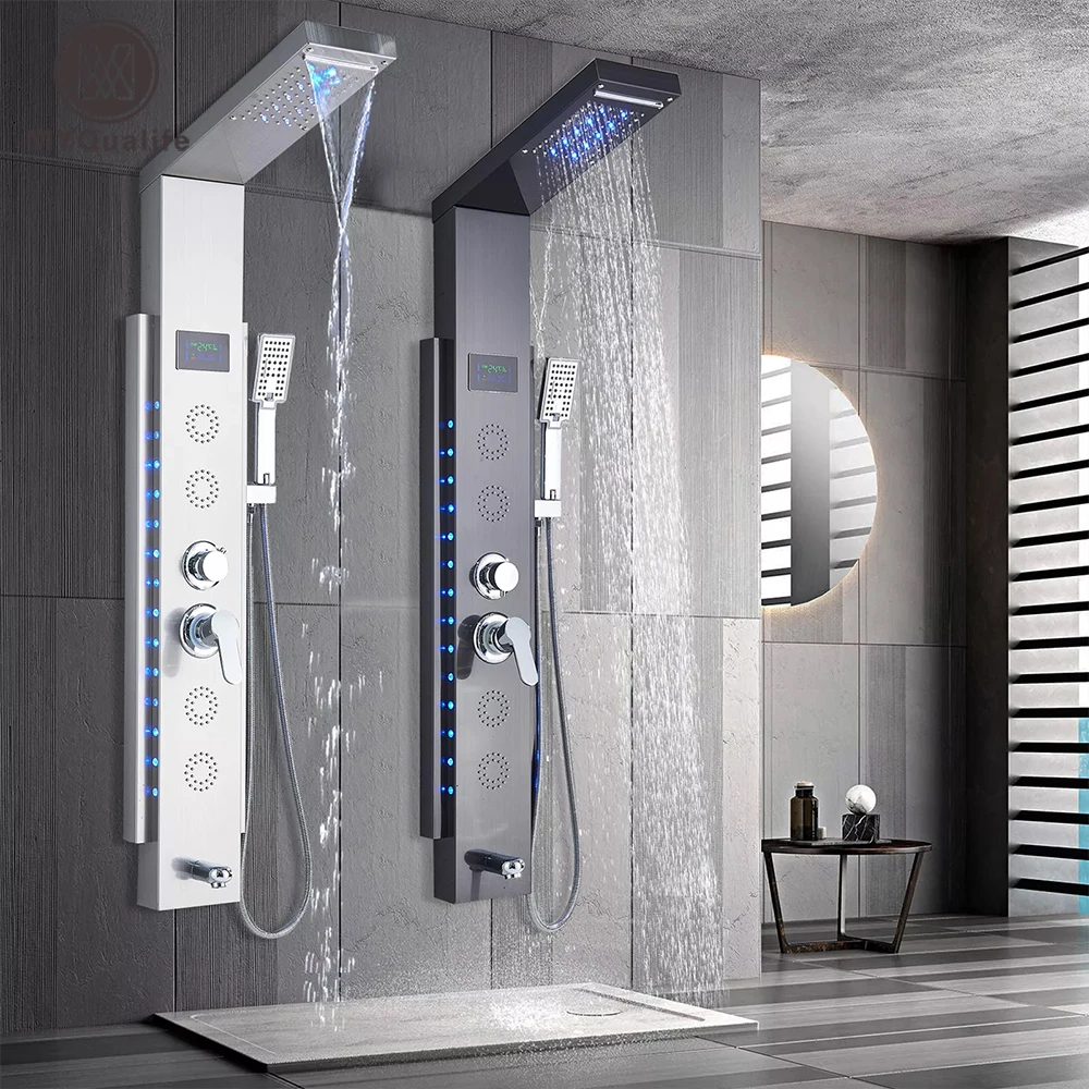 Rain Waterfall LED Shower Panel Black Shower Column Tower Digital Screen TEMP Mixer Tap Spray Bidet Shower Mixer Faucet