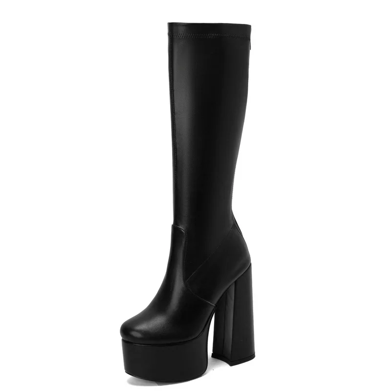 Plus Size 43 Platform Square High Heel Ladies Knee High Boots Faux Suede High Quality Round Toe Dress Female Boots Black Brown