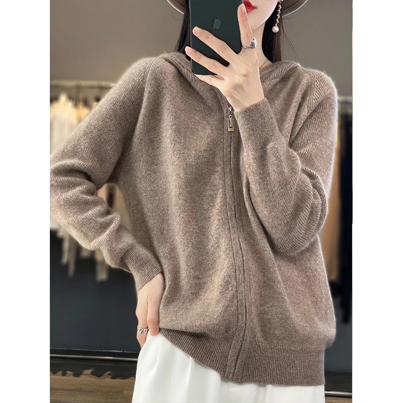 Women Hoodie Cardigan Zipper 100% Merino Wool Sweater Long Sleeve Casual Loose Cashmere Knitted Coat Korean Fashion Tops