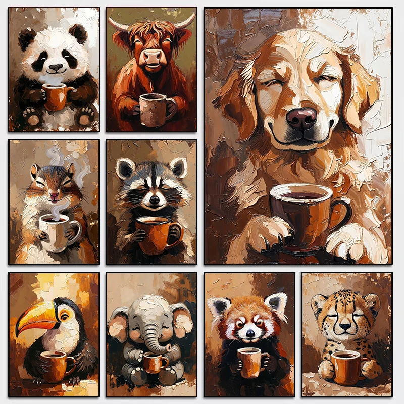 Funny Coffee Animals Raccoon Golden Retriever Toucan Enjoying Coffee Poster Canvas Painting Wall Pictures Home Cafe Decor
