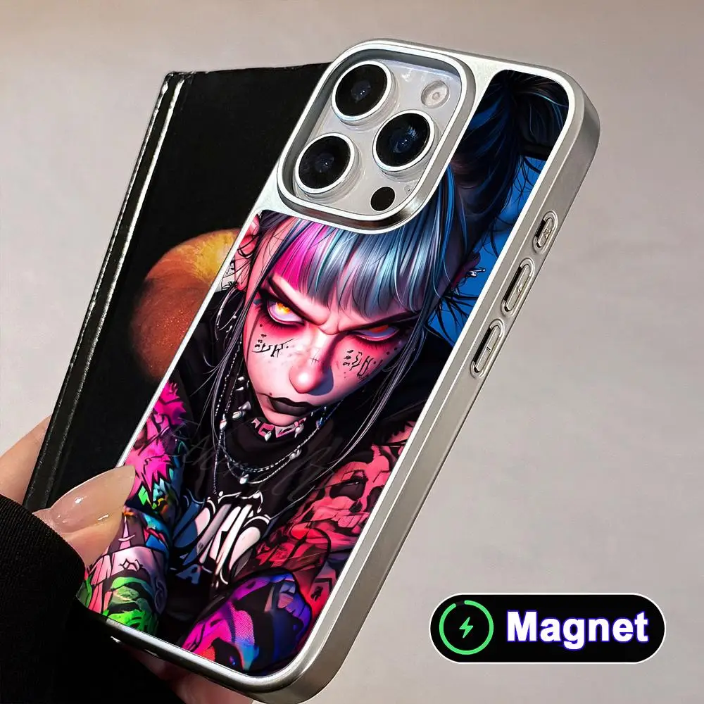 

Pretty Tattoo Girl Phone Case for iPhone 17 16 15 14 13 12 11 Air Pro Max Plus Electroplated Silver Magnet Cover