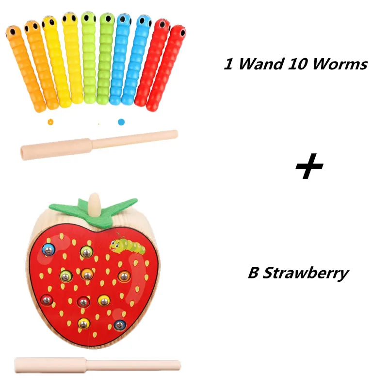 Magnetic Toy Funny Strawberry Shaped And 1 Wand And 10 Worm Game Toy Wooden Educational Toys For Preschool Kids Toddlers