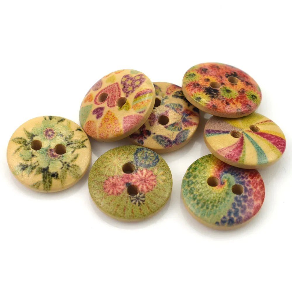 50PCS 15MM 2-Holes Button Color Printing Round Wood Buttons Sewing Scrapbooking Decor Card Making DIY Buttons for Clothing