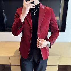 High Quality Crocodile Stripe Slim Fit Leather Jacket Classic Business Casual Slim Fit Men Blazer  Tuxedos 2024 New Men Clothing