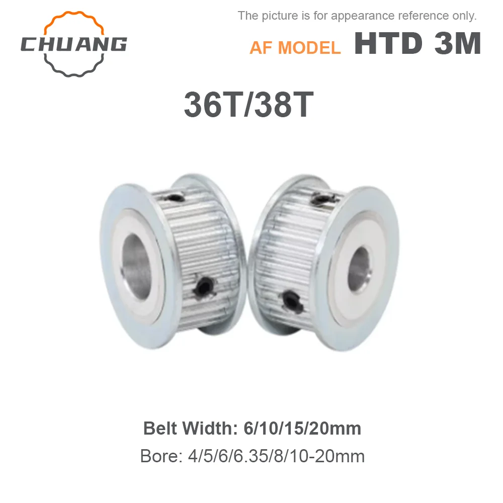 

HTD 3M 36T/38Teeth Tooth Timing Pulley Bore 4/5/6/6.35/8/10/12-20mm For Belt Width: 6mm /10mm/15mm /20mm HTD 3M timing pulley