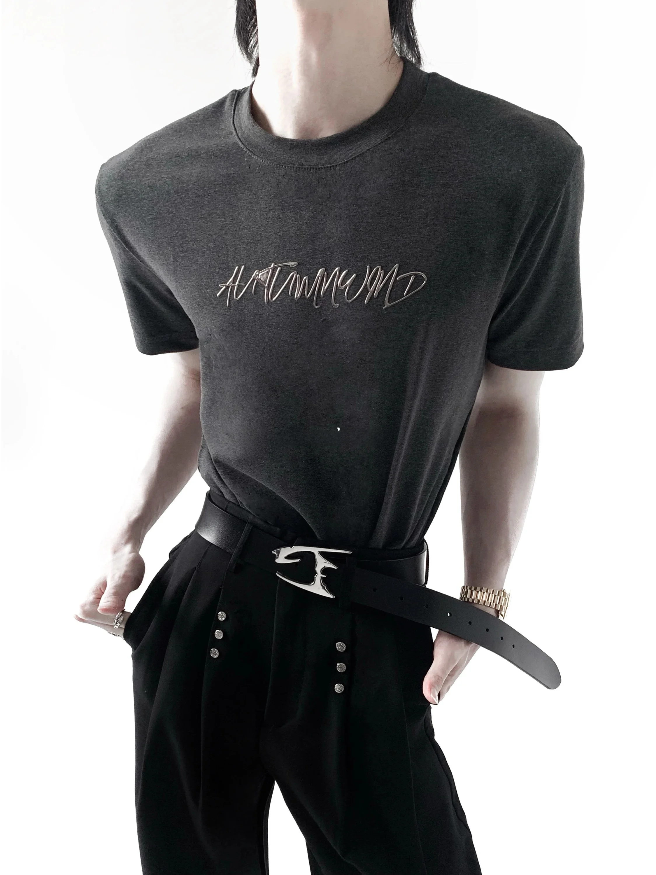 Autumn Mountain Wind Men's T-shirt Gold Lettering Slim Fit Short Sleeve Metal Decoration Comfortable Summer round Neck Top